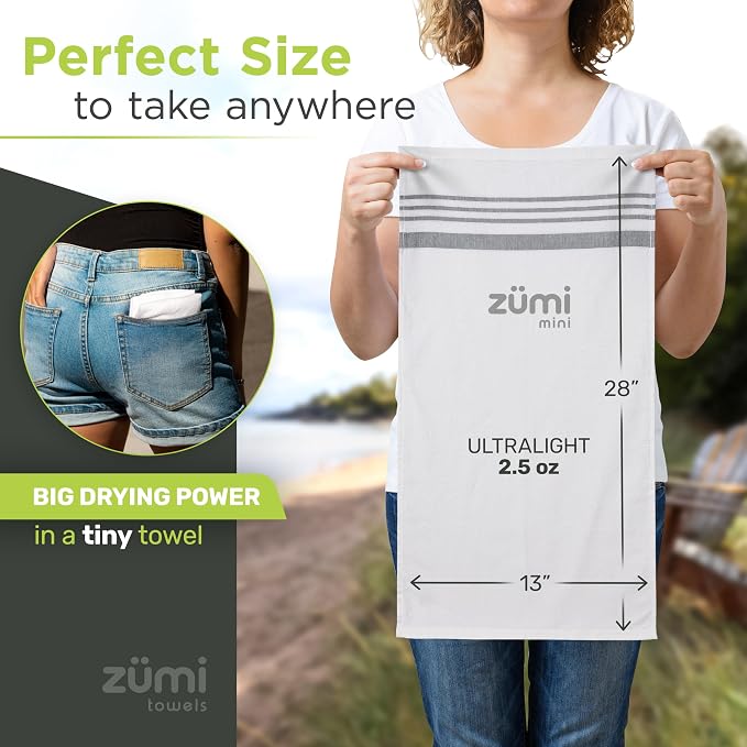Zumi MINI 100% Cotton Camping Travel Towel - Small, Ultralight, Fast Drying, Highly Absorbent, Soft and Gentle on The Skin, Safe for The Planet (28" x 13" White) - Image 4