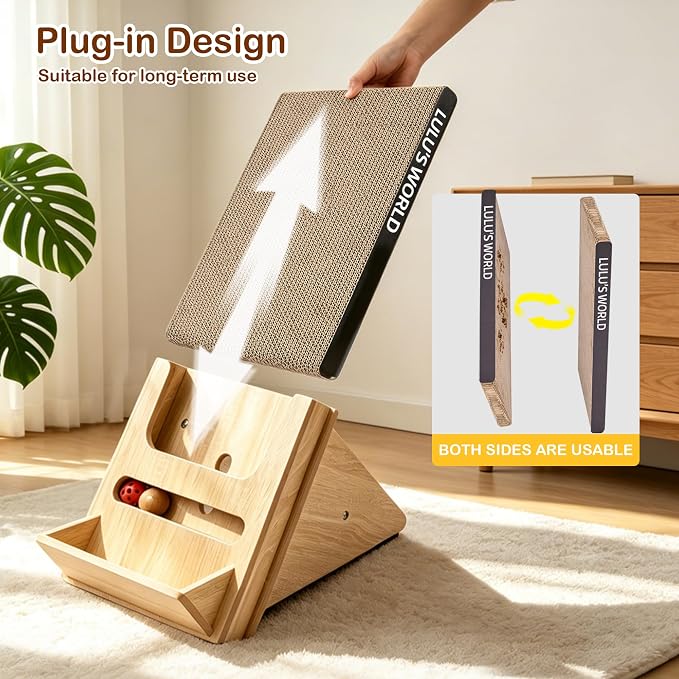Lulu's World Cardboard Cat Scratcher with Wooden Stand, Freestanding Vertical Cat Scratching Board with Replaceable Double-Sided Scratch Pad, Ball Toy and Debris Tray for Indoor Cats,Long-termism - Image 3