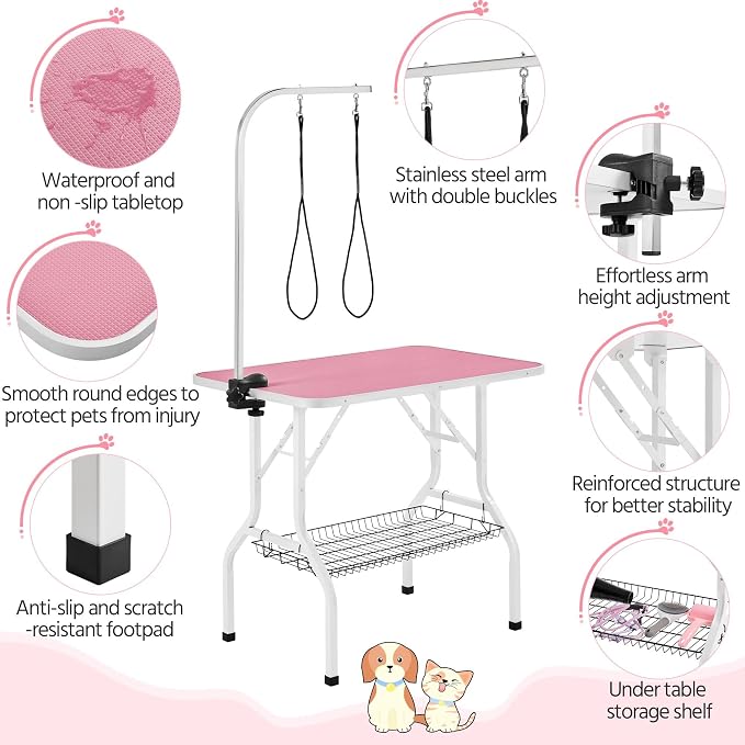 Yaheetech 36'' Dog Grooming Table, Adjustable Pet Foldable Grooming Table w/Double Loops/Mesh Tray Maximum Capacity Up to 220lbs, Pink - Image 4