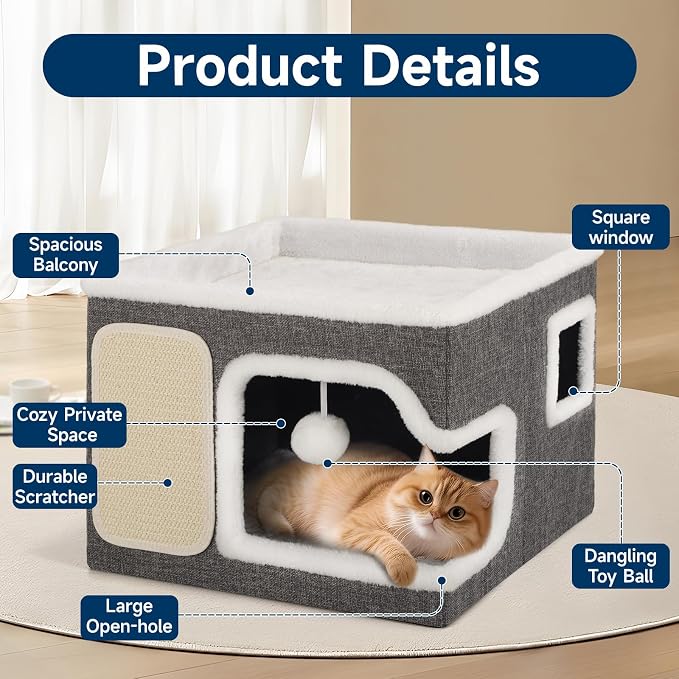 Cat Beds for Indoor Cats, Large Cat Cave with Cozy Hideout, Scratch Pad, Fluffy Ball, Foldable Cat Hideaway Hold Up to 30LBS, Indoor Cat House with Reversible Soft Cushions for All Seasons, Grey - Image 4