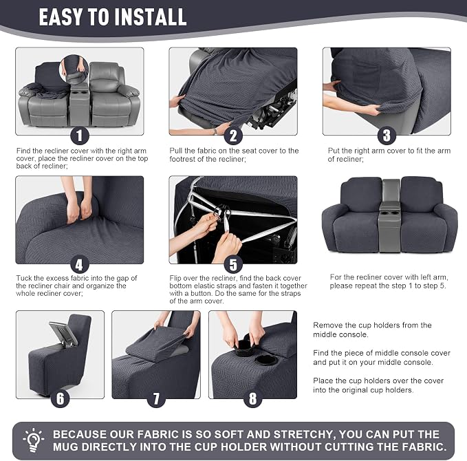 KinCam Loveseat Recliner Covers with Middle Console Slipcover, Charcoal Gray - Image 5