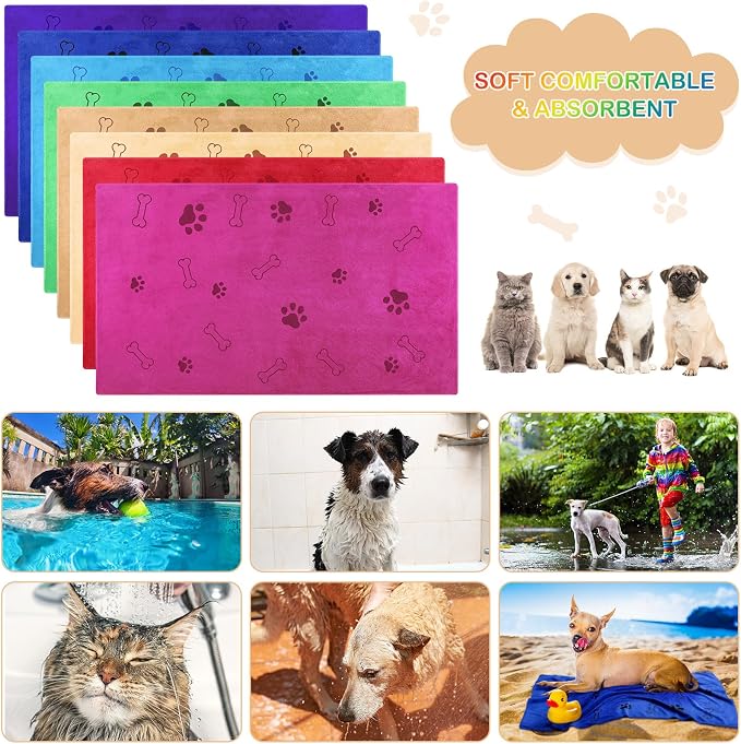 Chumia 8 Pcs Microfiber Dog Towels for Drying Dogs Cats 40 x 24 Inch Pet Towels Bulk for Large Puppy Absorbent Fast Drying Paw Bath Bathing Supplies for Pets(Dog Paw and Bone,Bright Color) - Image 5
