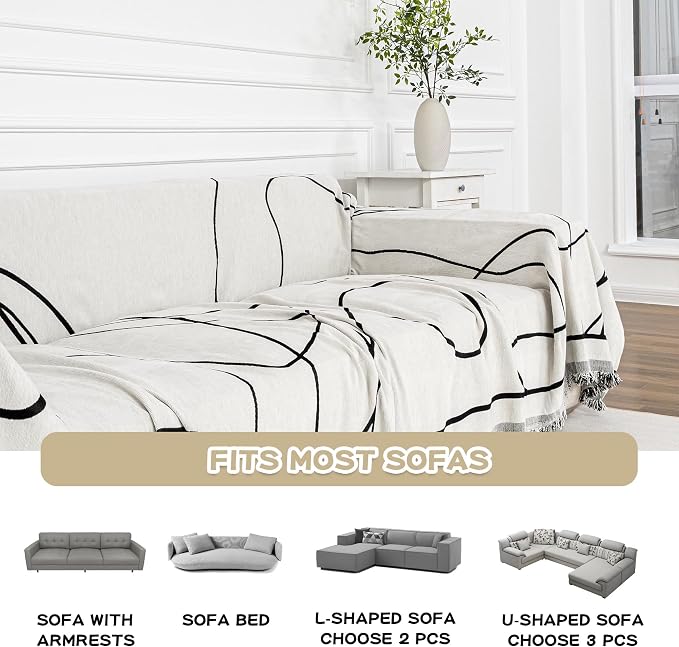MEETSKY Sectional Sofa Covers Couch Covers for 2 Cushion Couch Sofa Chenille Couch Cover Living Room Multi-Use L Shaped Sofa Slipcovers for Dogs Cats Tassel Edge 71" x 118", Black Curve - Image 5