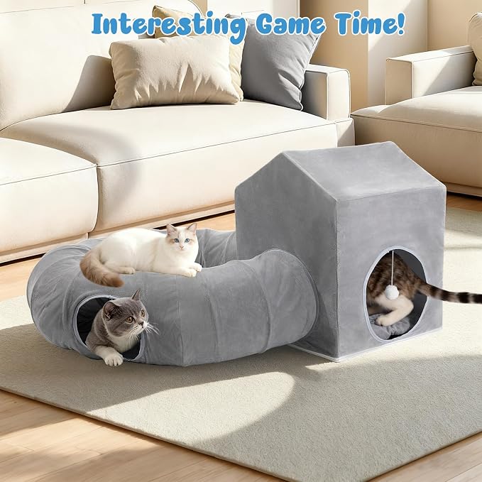 Pawaboo Cat Tunnel Bed for Indoor Cats, Cute Cat Donut Tunnel with Square House, Peekaboo Pet Cave Play Tunnels with Cave for Kitten/Rabbit, Dark Gray - Image 5
