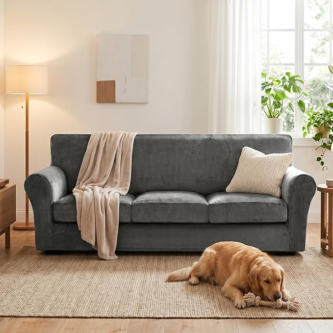 XINEAGE 4-Piece Velvet Sofa Cover,Couch Covers for Dog,Gray | 3 Cushion Sofa,Stretch Non-slip Elastic, Pet-friendly, Washable, Fast Setup, Soft Plush Fabric, Furniture Protector. - Image 4