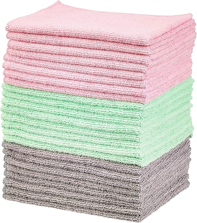 Amazon Basics Microfiber Cleaning Cloths, Ultra-Soft and Highly Absorbent, Streak-Free, Lint-Free, Scratch-Free, Washable, for Car Detailing and Glass Cleaning, 16" x 12", Green/Gray/Pink, 24-Pack by AmazonBasics