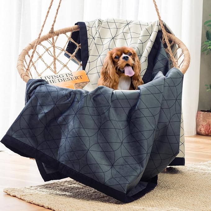 Waterproof Dog Blanket for Bed – 45x60 Inch Throw Size – Pet Hair Resistant Blanket for Small to Large Dogs – Washable, Leakproof, Reversible Bedspread for Bed Protection – Blue/White by VictoriaOrton