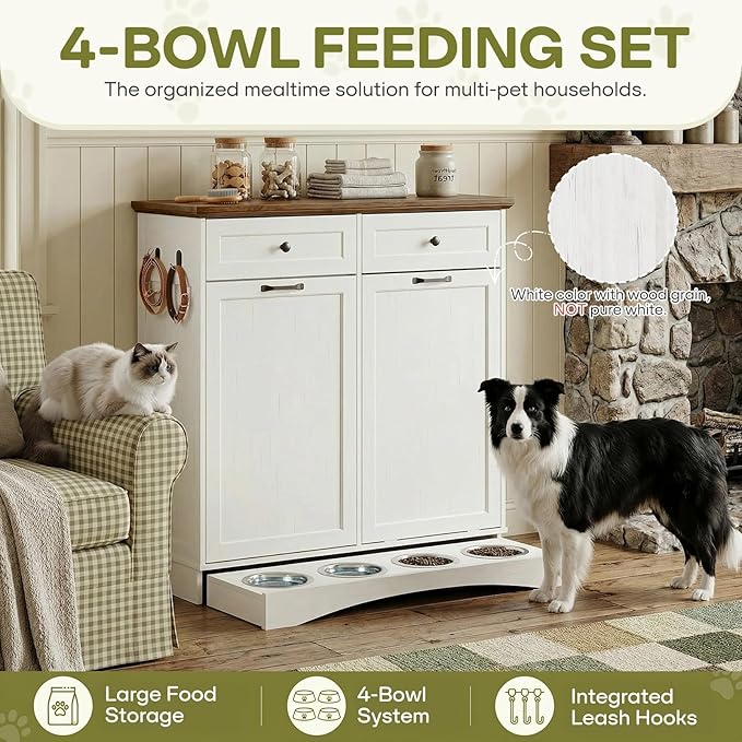 Furnaza Pet Feeding Station with 4 Bowls, Dual Doors Dog Cabinet Storage | White 39.7"W Dual Doors Pet feeding station with storage for dogs and cats, Pet Food Storage for Kitchen, Living Room - Image 6