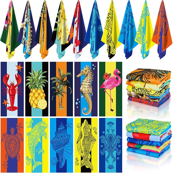 EBOOT 10 Pack Oversized Beach Towel Set Extra Large Pool Towels Microfiber Quick Dry Swim Blanket for Adult Women Men Face Hand Body Bath Travel Pool(Stylish Color,36 x 72 Inch,Ocean Animal) by eBoot