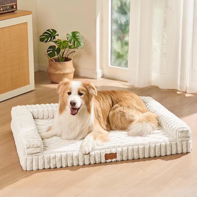 Orthopedic Calming Medium Dog Bed Pet Sofa Bed 30''X20'' Ivory | 3-Sided Pet Couch Medium Size Dog, Soft Egg-Crate Foam Dog Mat, Waterproof Removable Washable Cover, Nonskid Bottom Cat Bed - Image 2