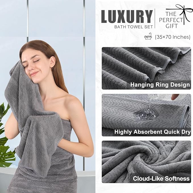 8 Piece Bath Towel Set Grey |2 Oversized Large Bath Sheet,2 Hand Towels,4 Washcloths| Ultra Soft Cozy Bath Towel Set for Bathroom Hotel Gym Spa,Highly Absorbent & Quick Dry Bathroom Towel Collections - Image 2