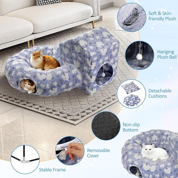 Pawaboo Cat Tunnel Bed for Indoor Cats, Cute Cat Donut Tunnel with Square House, Peekaboo Pet Cave Play Tunnels with Cave for Kitten/Rabbit, Basic Soft Blue - Image 4