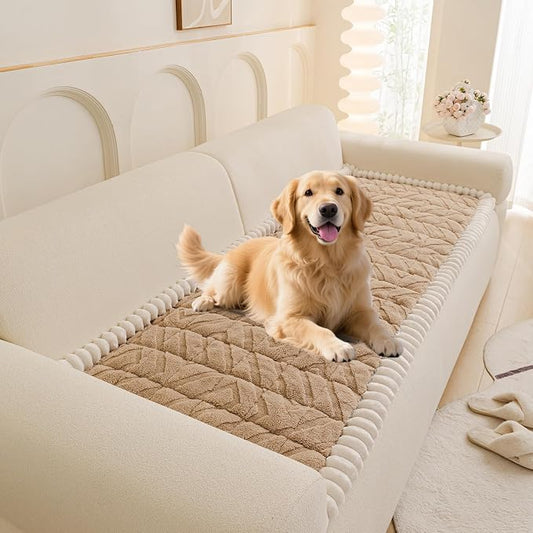 STACYPIK Thickened Fuzzy Khaki Couch Protector for Pets, Non Slip Sofa Cover for 2 Cushion Couch, Pet-Friendly Boho Geometric Couch Cover for Sectional, Furniture Protector for L Shaped-35.4X63IN by STACYPIK
