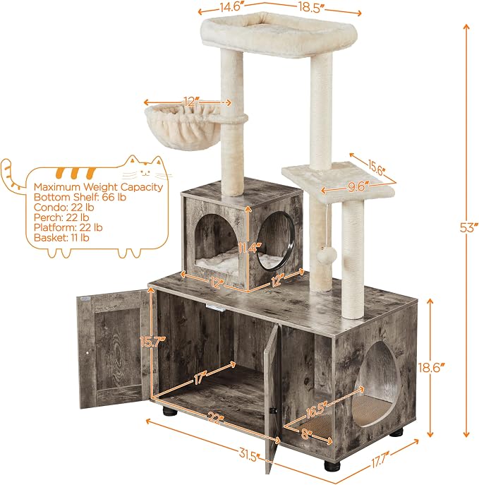 Yaheetech Litter Box Enclosure with Cat Tree, All-in-one Indoor Kitten House w/Scratching Posts, Wooden Cat Litter Box Furniture w/Kitty Condo, Platform, Greige/Beige - Image 3