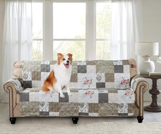 Brilliant Sunshine Pink Rose & Grey Toile Patchwork Couch Cover, 70" seat | Non Slip Sofa Cover, Quilted Furniture Protector, Large Washable Slipcover for Pets, Dogs & Cats by BrilliantSunshine