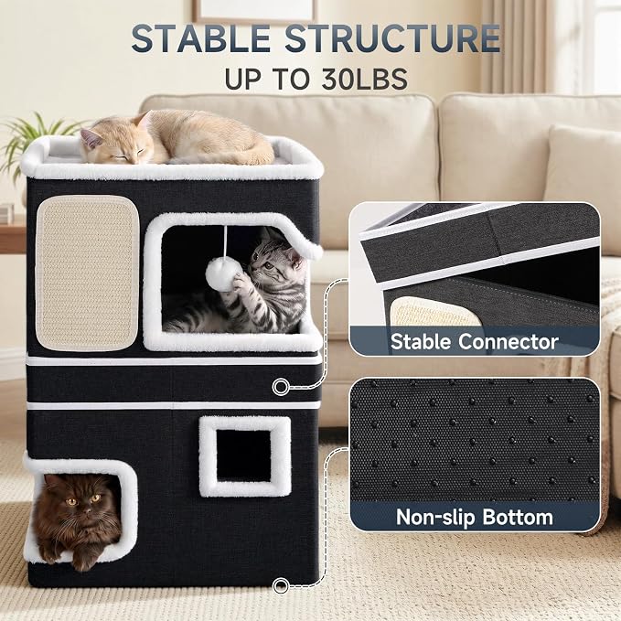 Double Cat Beds for Indoor Cats, 2-Storey Cat House with Large Cozy Hideaways, Dual Purpose Cat Cave Cube with Scratch Pads, Fluffy Balls, Foldable Indoor Cat Houses for Multi Small Pets Kitten, Black - Image 4