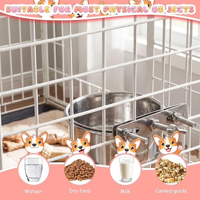 Silkfly 14 Pack Stainless Steel Hanging Dog Crate Bowls, Non-Spill Kennel Food & Water Bowls with Screw Clamp Holders, Removable, Easy to Clean Metal Cage Feeder for Pets(29 oz) - Image 6