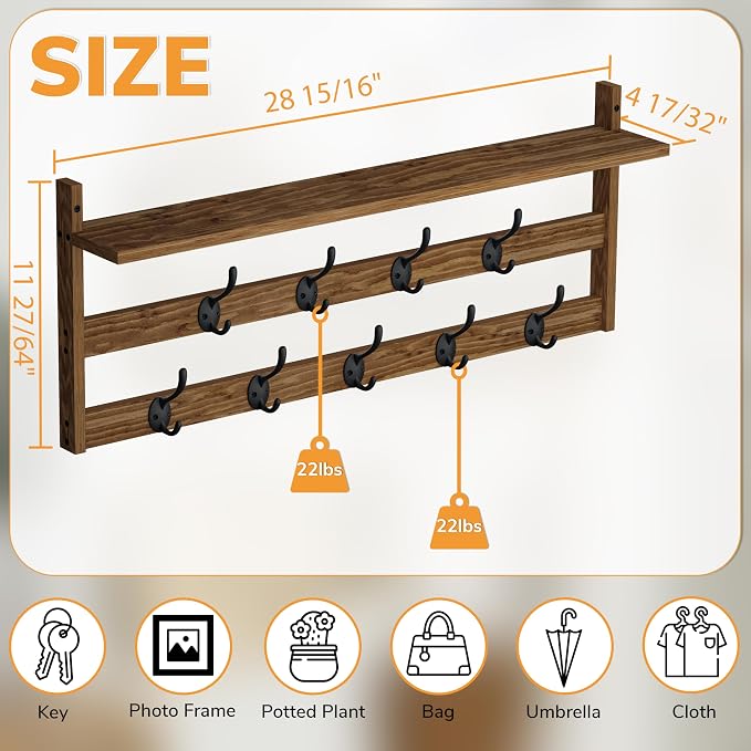 AMBIRD Coat Rack Wall Mount with Shelf, 29" Coat Hooks Wall Mounted with 9 Metal Hooks for Entryway, Bathroom, Bedroom, Living Room, Kitchen, 2 Tier Wall Hooks for Clothes, Hat, Towel, Key, Purse - Image 3