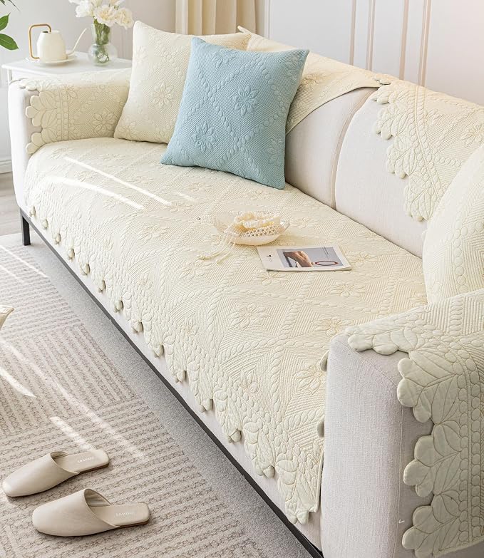 Cotton Quilted Dog Couch Cover for Sofa Farmhouse Rustic Embroidery Sectional Couch Cover Soft Anti-Slip Sofa Slipcover Furniture Protector for Kids, Pets (Ivory,43"x43") - Image 4