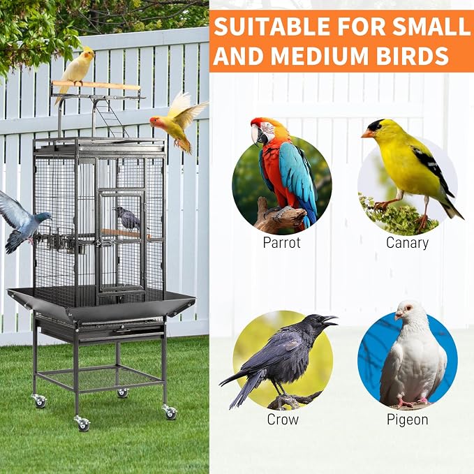 VINGLI Bird Cage with Wheels, 62 inch Bird Cages with Play Top, Wrought Iron Cage with Rolling Stand for Parrots, Cockatiels, Budgies, Lovebirds, Small/Medium Birds (Black) - Image 6