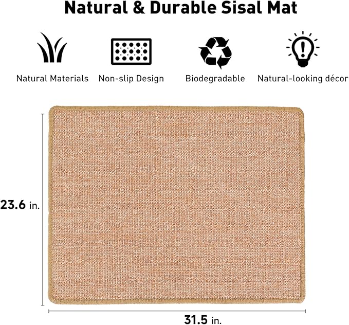 FUKUMARU Cat Scratcher Mat, 23.6 X 31.5 Inch Natural Sisal Cat Scratch Mat | Horizontal Cat Scratching Pad Mat Floor Rug with Sticky Tapes, Cat Wall Scratcher for Indoor Cats, Protect Couch and Carpet - Image 2