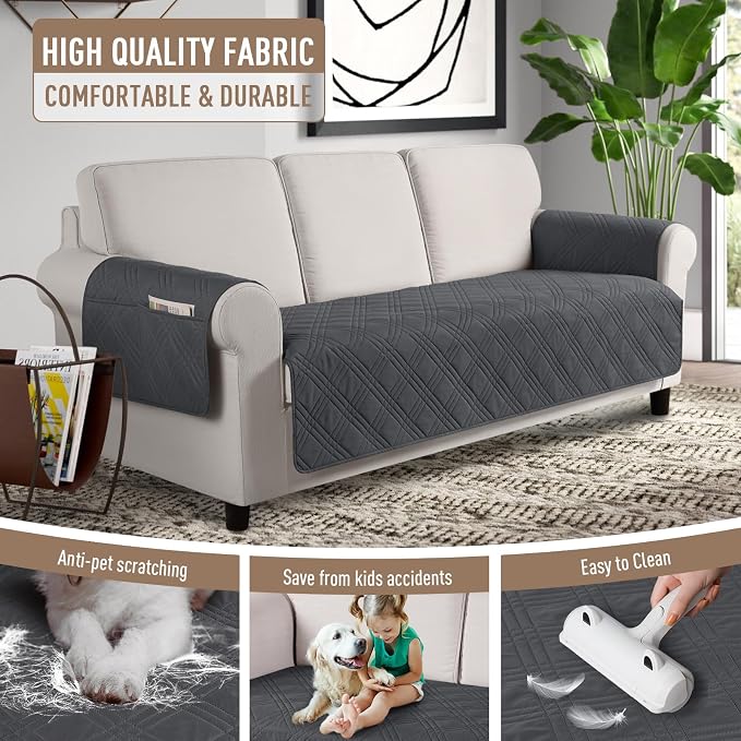 TAOCOCO Waterproof Couch Covers for Pets Dogs with Non Slip Backing, Sofa Seat Covers with Side Pocket for 3 Cushion Couch Washable Dog Couch Cover Protector Sofa Slipcovers(Sofa Plus, Charcoal Gray) - Image 3
