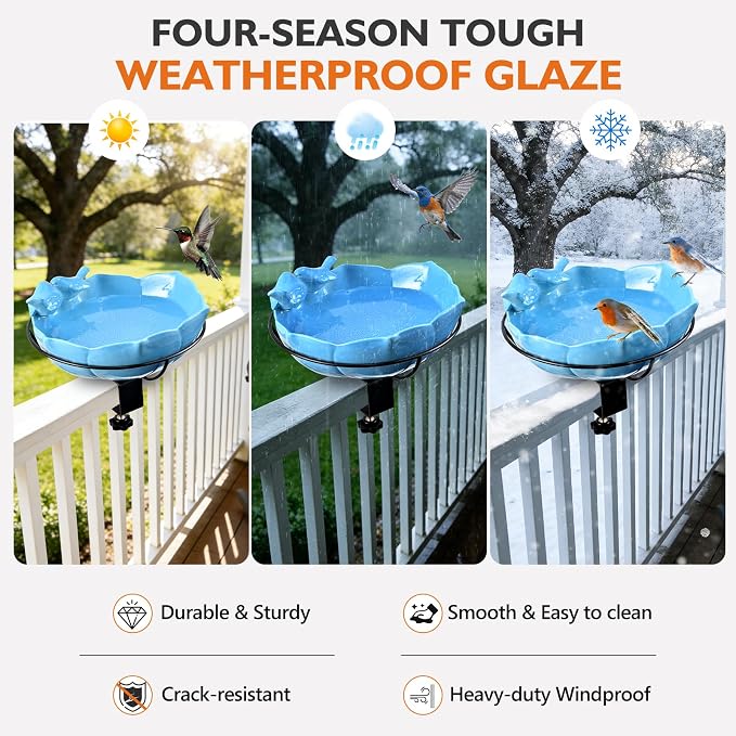 Glazed Ceramic Bird Bath for Deck Railing, 11 Inch Outdoor Deck Mounted Bird Baths Feeder Bowl with Adjustable Clamp, Easy Install Balcony Patio Birdbath for Outside Backyard Decoration, Blue - Image 6