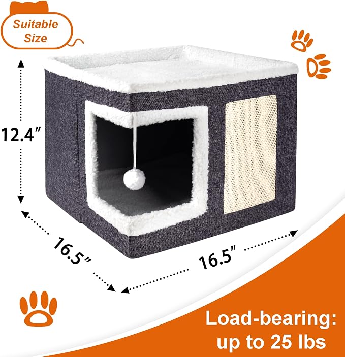 Loyareal Cat Houses for Indoor Cats - Large Cat Bed Cave with Scratch Pad and Fluffy Ball, Foldable Cat Condo Hideaway with Reversible Cushion for Multi Small Pet, Dark Grey - Image 3