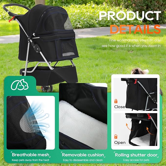 BestPet | 3-Wheel Pet Stroller | Dog and Cat Stroller | Breathable Mesh | Lightweight Travel Carrier | Waterproof & Foldable Design | Storage Basket | Black | for Daily Walks & Outdoor Use