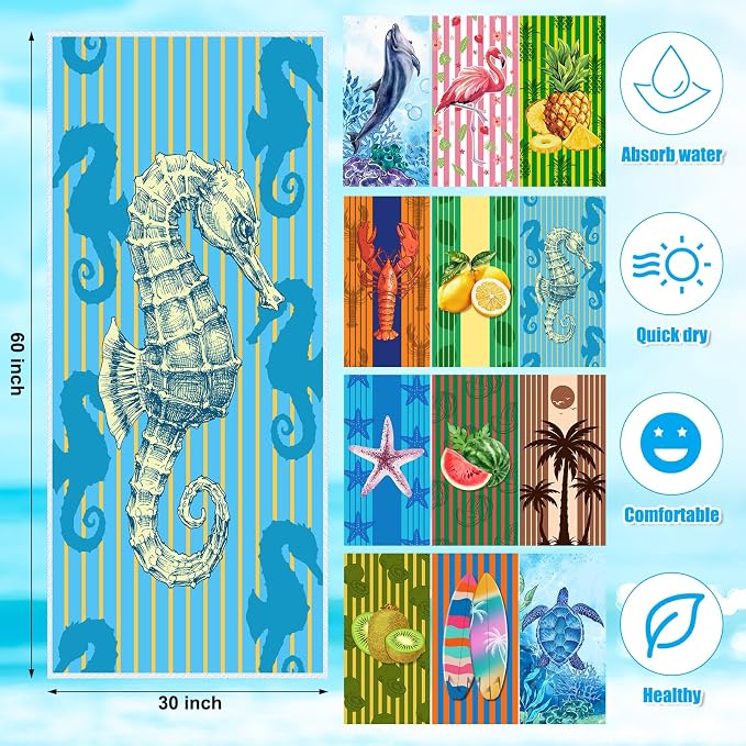 12 Pcs Oversized Microfiber Beach Towels Set 30 x 60 Extra Large Fiber Swim Pool Towel Absorbent Bath Blanket for Travel Vacation Accessories Gift Spa Soft Lightweight(Tropical) - Image 2