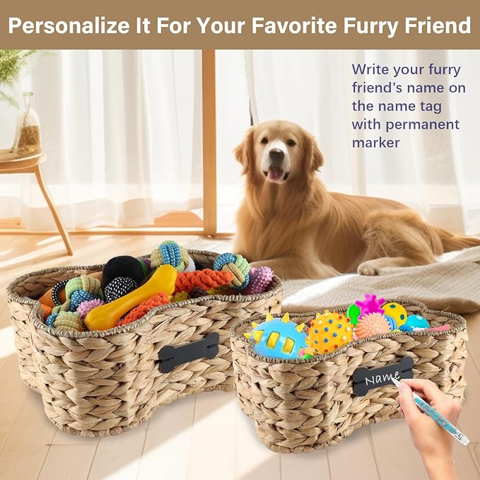 Set Of 2 Pet Dog Toy Basket-Dog Bone Basket-Wicker Basket for Pet Stuff-Dogs Toy Box for Living Room Area-Handmade Water Hyacinth Baskets with DIY Tag ﻿ - Image 5