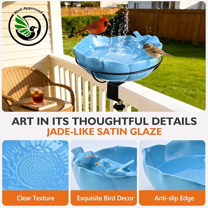 Glazed Ceramic Bird Bath for Deck Railing, 11 Inch Outdoor Deck Mounted Bird Baths Feeder Bowl with Adjustable Clamp, Easy Install Balcony Patio Birdbath for Outside Backyard Decoration, Blue - Image 3