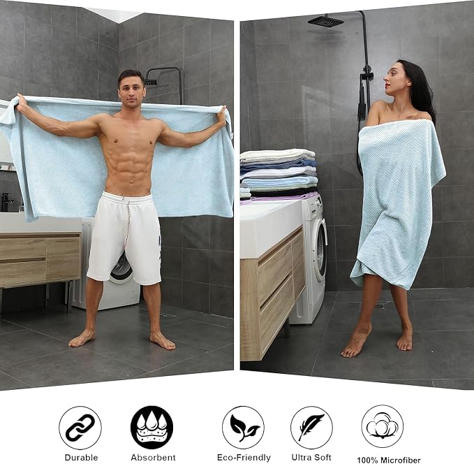 8-Piece Bath Towel Set, 2 Extra Large Bath Towel Sheets, 2 Hand Towels and 4 Washcloths - Highly Absorbent Quick Dry Microfiber,Ultra Soft Towel Set for Bathroom, Waffle Weave Design, Pack of 8(Blue) - Image 6