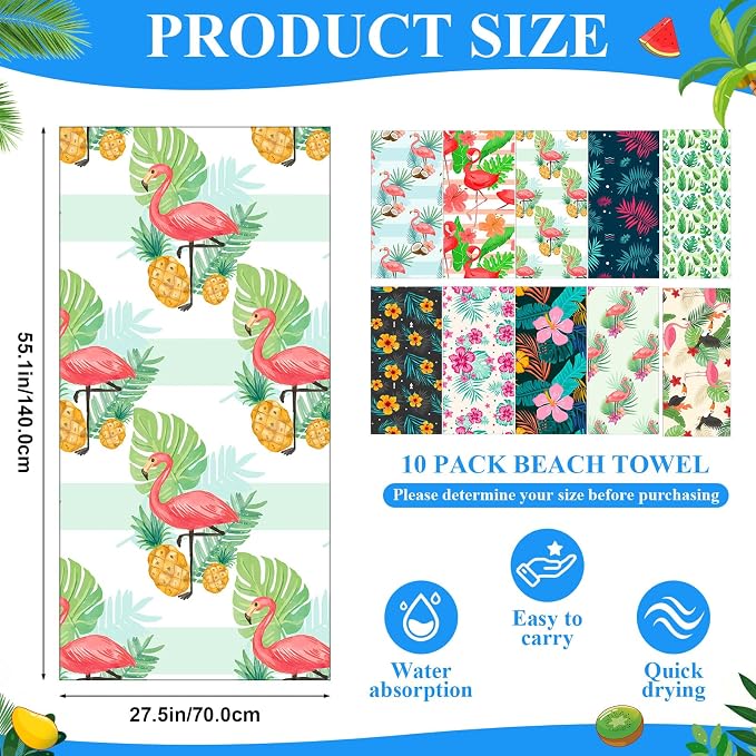 FuWeave 10 Pack Microfiber Beach Towel 28 x 55 Inch Oversized Large Quick Dry Thin Beach Towels for Pool Camping, Sand Free Lightweight Blanket for Women Adults Travel Swimming Sport (Vivid Style) - Image 2