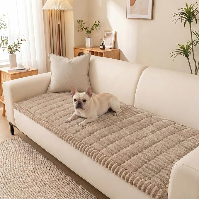 Non-Slip Washable Couch Cover for Dogs, Soft Thick Ribbed Flannel | 27.6"x70.9", Taupe, 0.8" Thick, Rubber Dot Backing, Pet-Friendly Protector for Sofa, Floor, Window Bench, Car Seat or Camping by Unknown