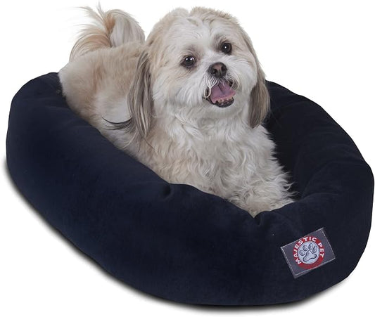 Majestic Pet 24 Inch Micro Velvet Calming Dog Bed Washable – Cozy Soft Round Dog Bed with Spine for Head Support - Fluffy Donut Puppy Mat 24x19x7 (inch) Small – Navy (2025) by MajesticPet