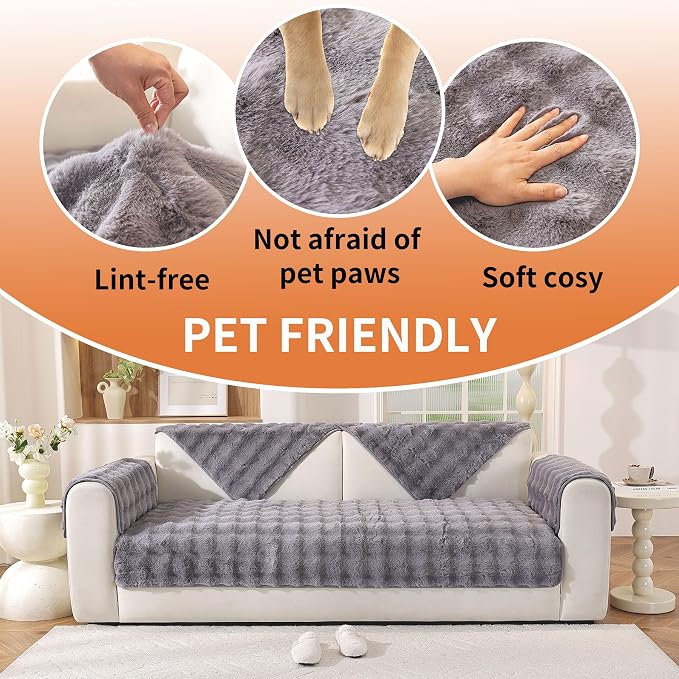 Waterproof Dog Bed Cover Non Slip Couch Covers for Dogs Washable Soft Faux Fur Sofa Cover Couch Covers for 3 Cushion Couch Sofa Pet Friendly (Grey) - Image 5