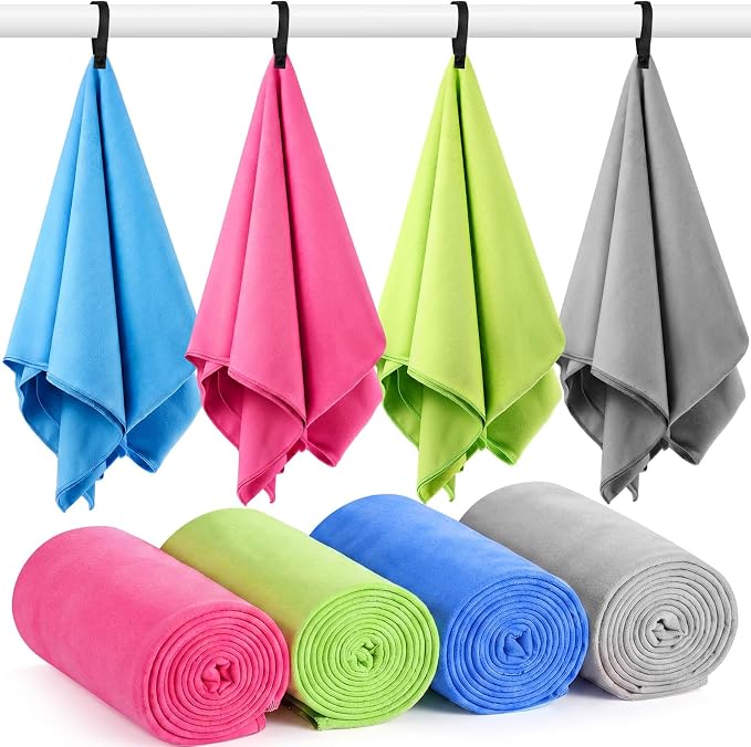Mixweer 4 Pack Gym Microfiber Bath Towels 63"x32" Extra Large Shower Towel Lightweight Oversized Fast Drying Bathtowel for Gym Sports Travel Camping(Light Gray, Rose Pink, Green, Blue) by Mixweer