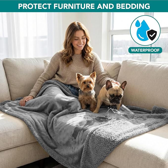 PetAmi Waterproof Dog Blanket for Couch, Pee Proof Fleece Reversible Pet Throw, Furniture Protector for Bed Sofa Kennel, Soft Washable Cover for Small Medium Dog Puppy Cat, 29x40 Light Grey - Image 2