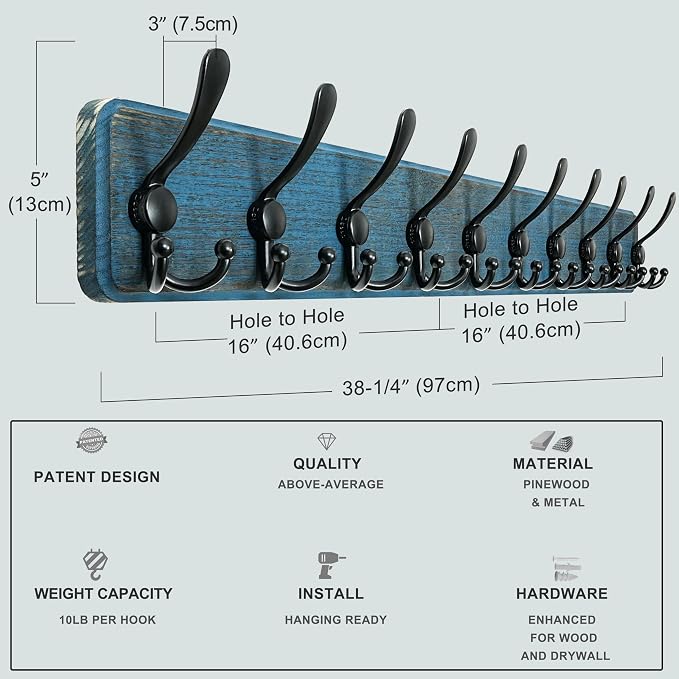 Dseap Coat Rack Wall - Heavy-Duty 38-1/4" Long, with Reinforced 10 Custom Tri-Hooks, Solid Wood Wall Hanger for Coats Hat Jackets - Rustic Farmhouse Entryway Hallway Storage, Weathered Blue & Black - Image 6