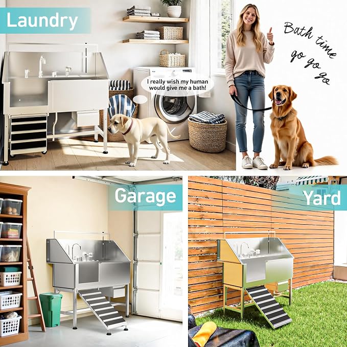 56 Inch Dog Washing Station, 304 Stainless Steel Pet Grooming Tub for Large Dogs with Ramp, Adjustable Grate, Faucet, Drainage Kit, Storage Drawer for Home, Salon, Garage | Helps Bathe Medium and Large Dogs with Less Lifting and Bending - Image 4