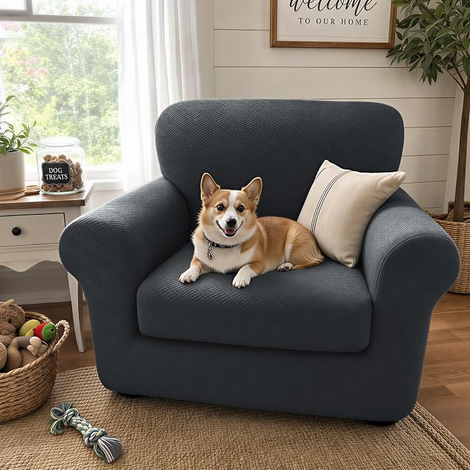XINEAGE 2026 New 2 Pieces Chair Covers with Arms Super Stretch Chair Slipcover for Living Room Pet Dog Universal Slip Cover Anti Slip Armchair Furniture Protector (Dark Gray), 31"-46"(1 Cushion) - Image 3