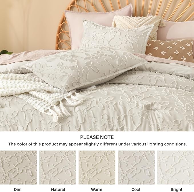 Litanika California King Size Comforter Set Beige, 3 Piece Cal King Cream Boho Tufted Bedding, Oversized Farmhouse Bed Set with 2 Leaf Pattern Pillowcases（104x96In） - Image 6