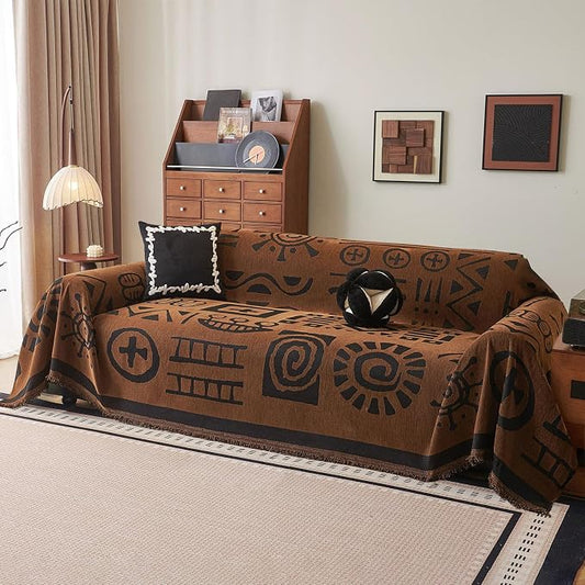 DREAMINGO Brown Japandi Couch Cover Boho Tribal Jacquard Sofa Covers for 3 Cushion Couch Thick Soft Chenille Living Room Furniture Futon Sectional Sofa Slipcovers Washable, XX-Large 71"x150" by DREAMINGO