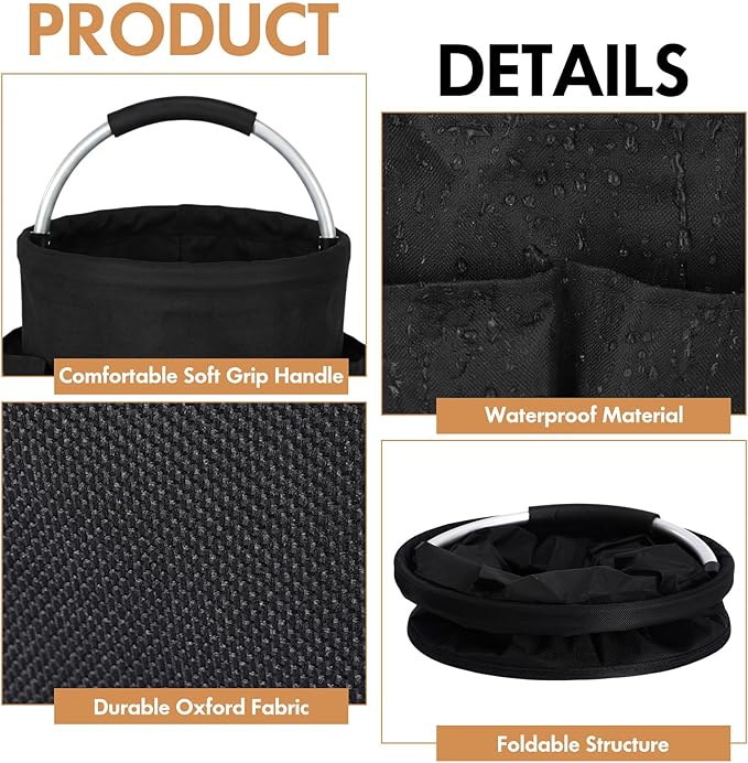LemonRoad 4 Pack Cleaning Caddy with Handle 17L Foldable Cleaning Supplies Organizer Oxford Cloth Storage Basket with 6 Pockets & Soft Grip Portable Multi Bucket Bag for Home, Garden (Black) - Image 3