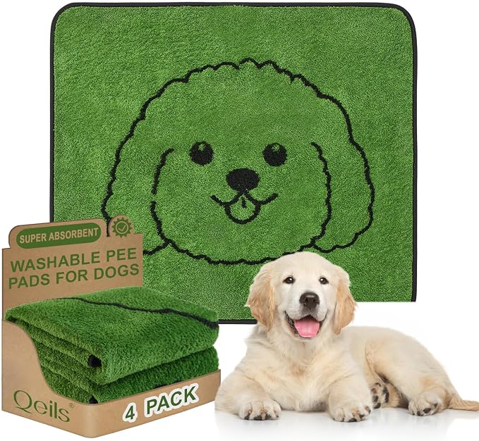 Qeils Reusable Puppy Pads , Washable Pee Pads for Dogs 30" x 34" 4 Pack | Super Absorbent & Leakproof Potty Training Pads, Plush Grass-Look With Non-Slip Backing For Crates, Playpens & Small Pets by Qeils