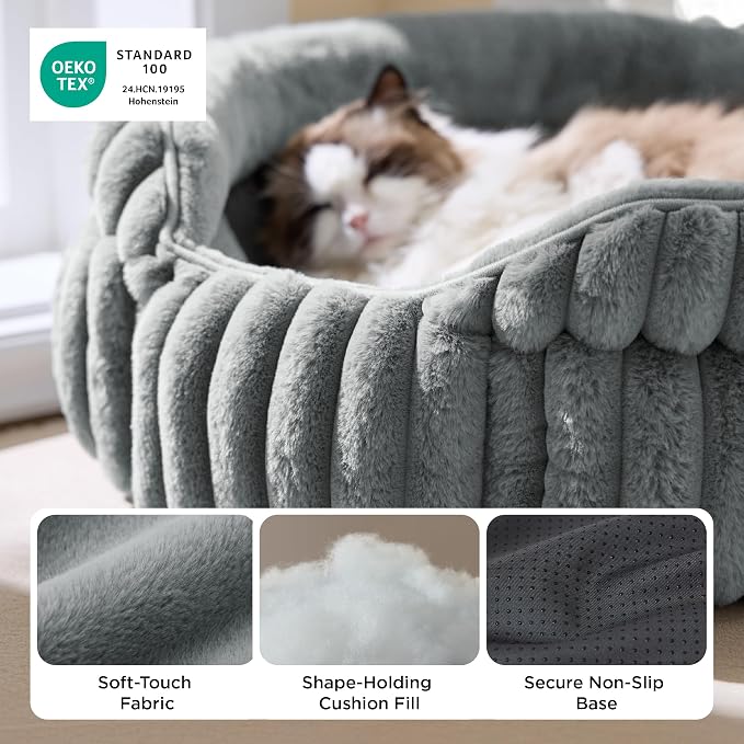 Bedsure ComfyFleece™ Washable Cute Small Medium Dog Bed,Round Pet Bed,26in | Cozy Donut Soft Fluffy Plush,Comfort Corduroy Cuddler Pet Beds,Luxury Aesthetic,Anti-Slip Bottom,Up to 30 Lbs,Warm Gray - Image 3
