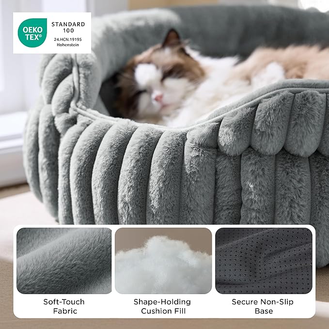Bedsure ComfyFleece™ Washable Cute Large Cat Bed,Soft Round Puppy Bed,23in | Cozy Fluffy Plush Small Dog Bed,Donut Corduroy Cuddler Pet Beds for Indoor Big Cats,Anti-Slip Bottom,Up to 20 Lbs,Warm Gray - Image 3