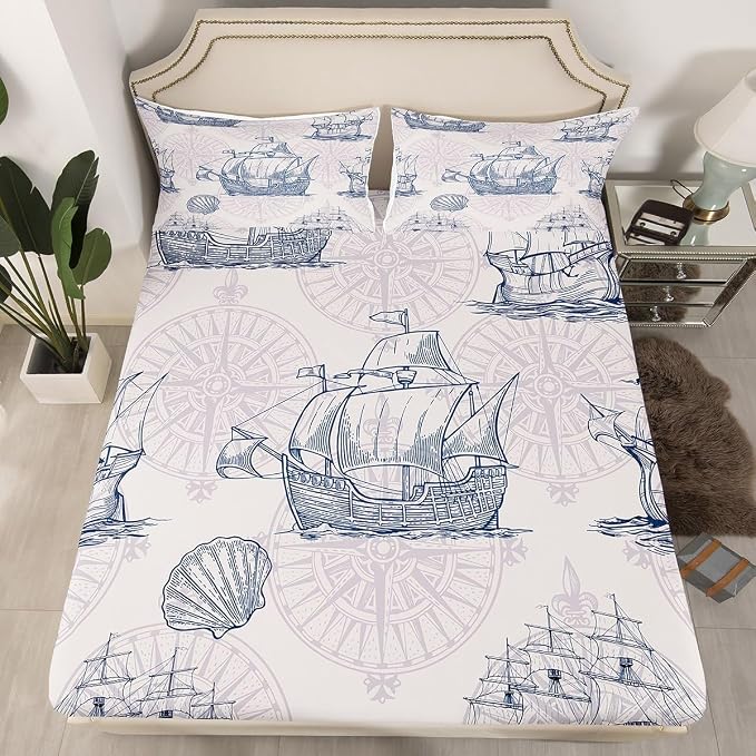 Nautical Bed Sheet Set,Ocean Beach Themed Bedding Set Queen,Blue Vintage Sailboat Sheet Set for Kids Boys Girls Bedroom Decor,Hawaiian Nature Style Ships Anchor Fitted Sheet + Flat Sheet + Pillowcases - Image 2