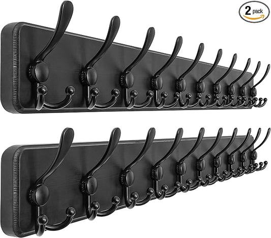 Dseap Coat Rack Wall - Heavy-Duty 38-1/4" Long, with Reinforced 10 Custom Tri-Hooks, Solid Wood Wall Hanger for Coats Hat Jackets - Rustic Farmhouse Entryway Storage, Black, Pack of 2 by Dseap